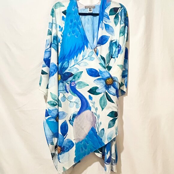 BEAUTIFUL Blue Peacock & Magnolia Print Kimono Wrap, One Size, 100% Cotton - Picture 4 of 9